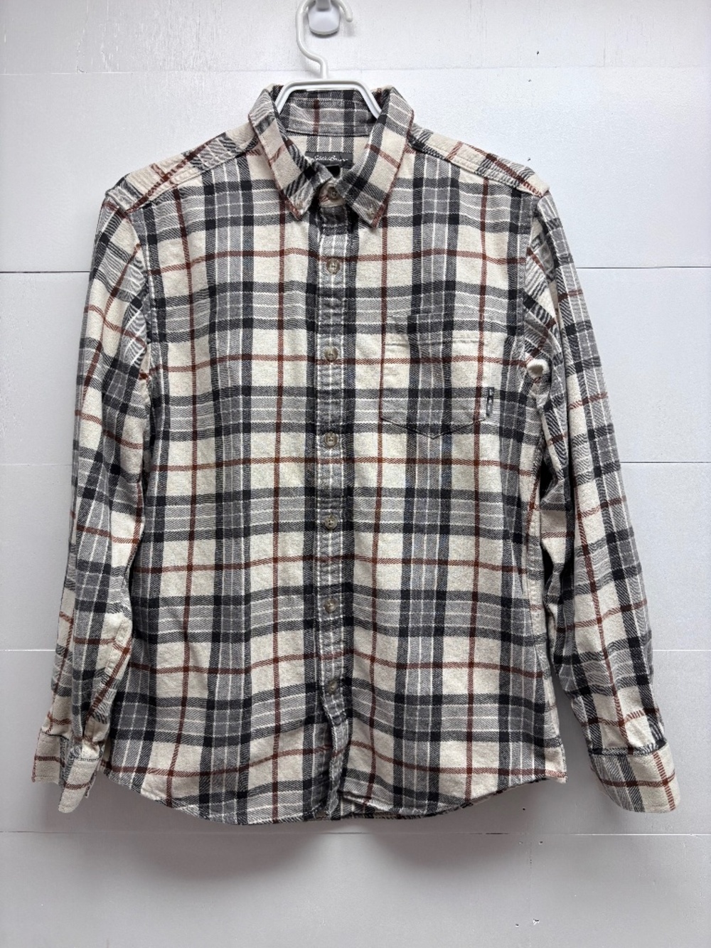 Eddie Bauer Men's Plaid Flannel Button Down Shirt Medium 100% Cotton Cream Gray